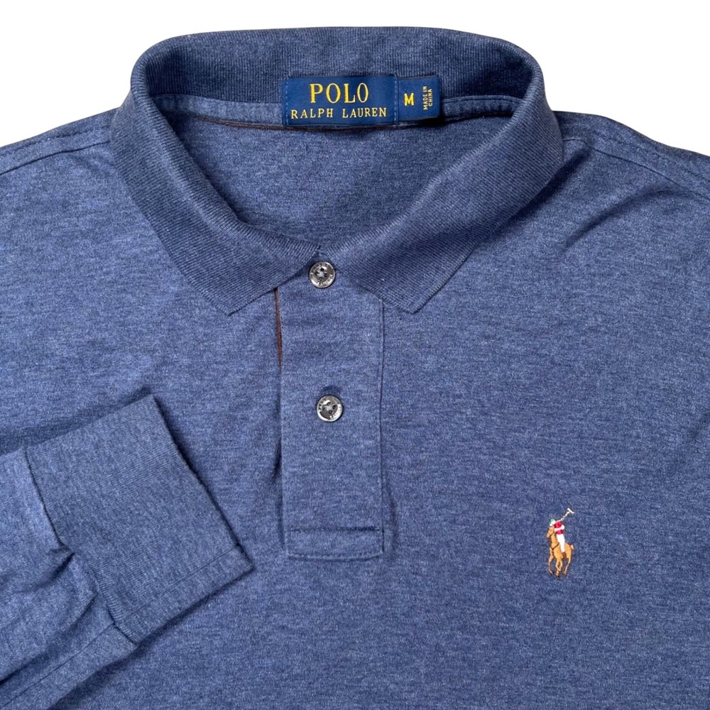 Polo Ralph Lauren Long Sleeve Polo Men Medium Blue Heather Collared Pony Logo